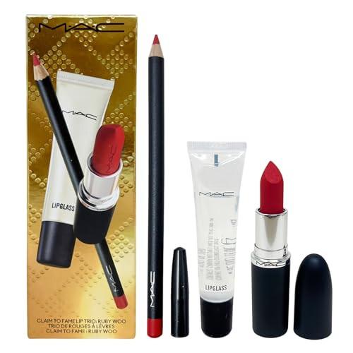 M.A.C -  Ruby Woo - Cosmetics Claim To Fame Lip Trio:- Lip Pencil Lipstick & Lipglass